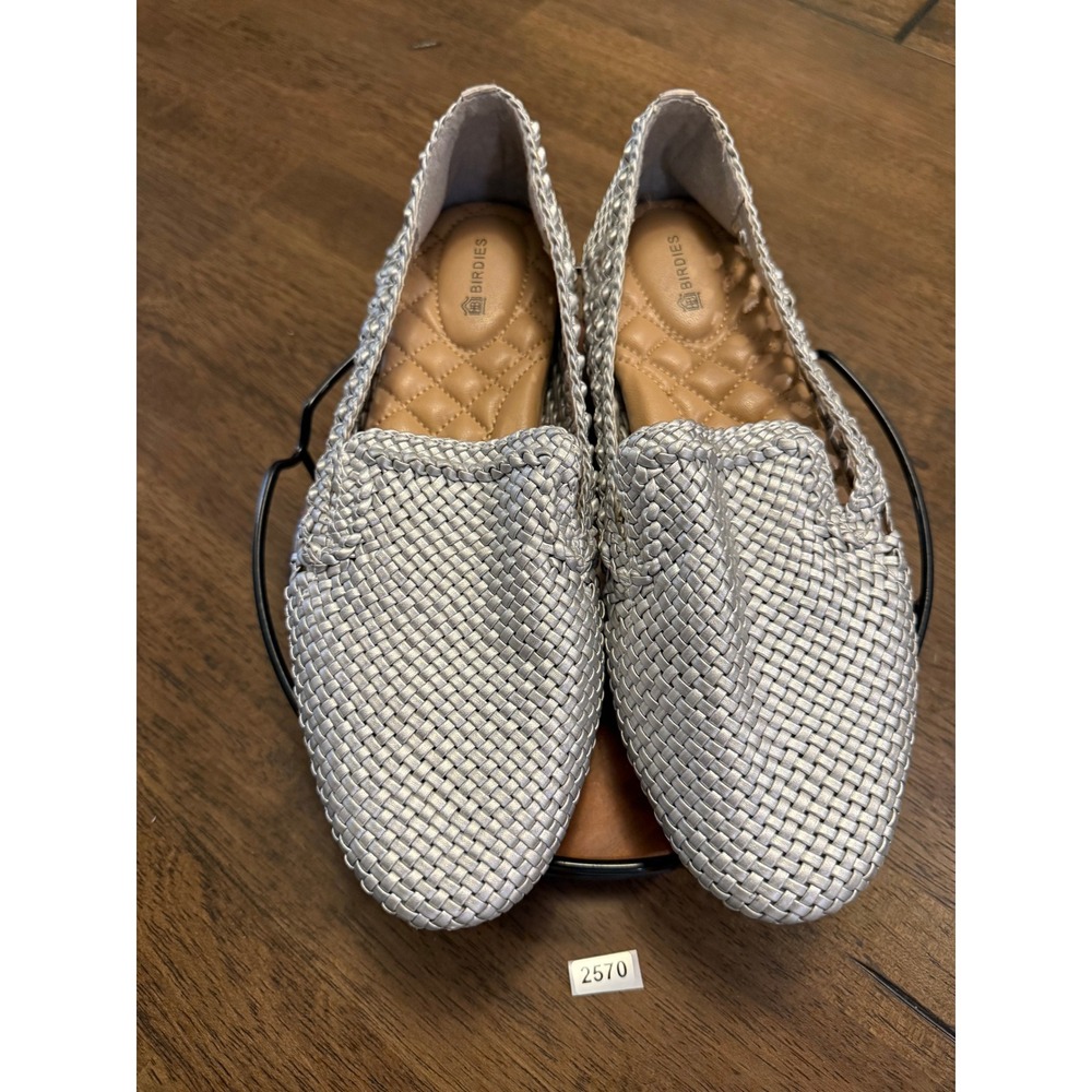 Birdies Starling Silver Woven Metallic Loafers Smoking Slipper Flats Womens 8.5